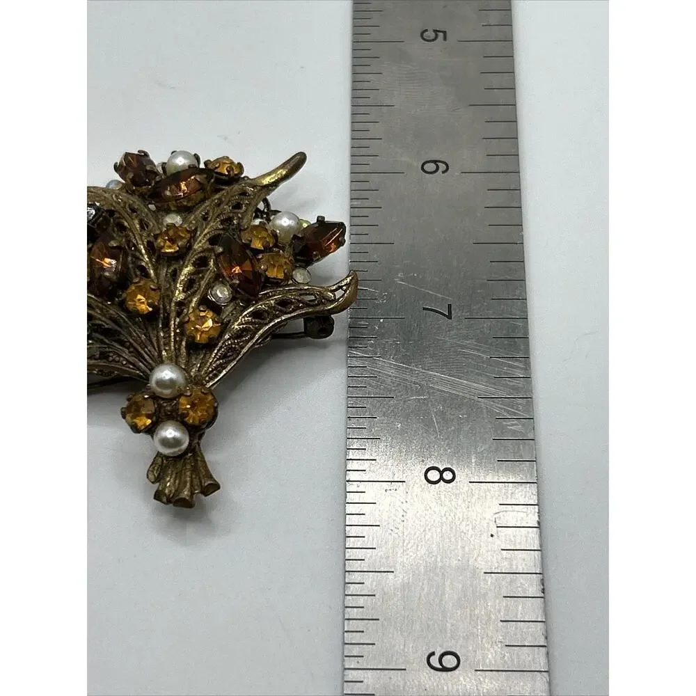 Vintage Floral Bouquet Brown Rhinestone‎ Faux Pearl Gold Tone Brooch Pin